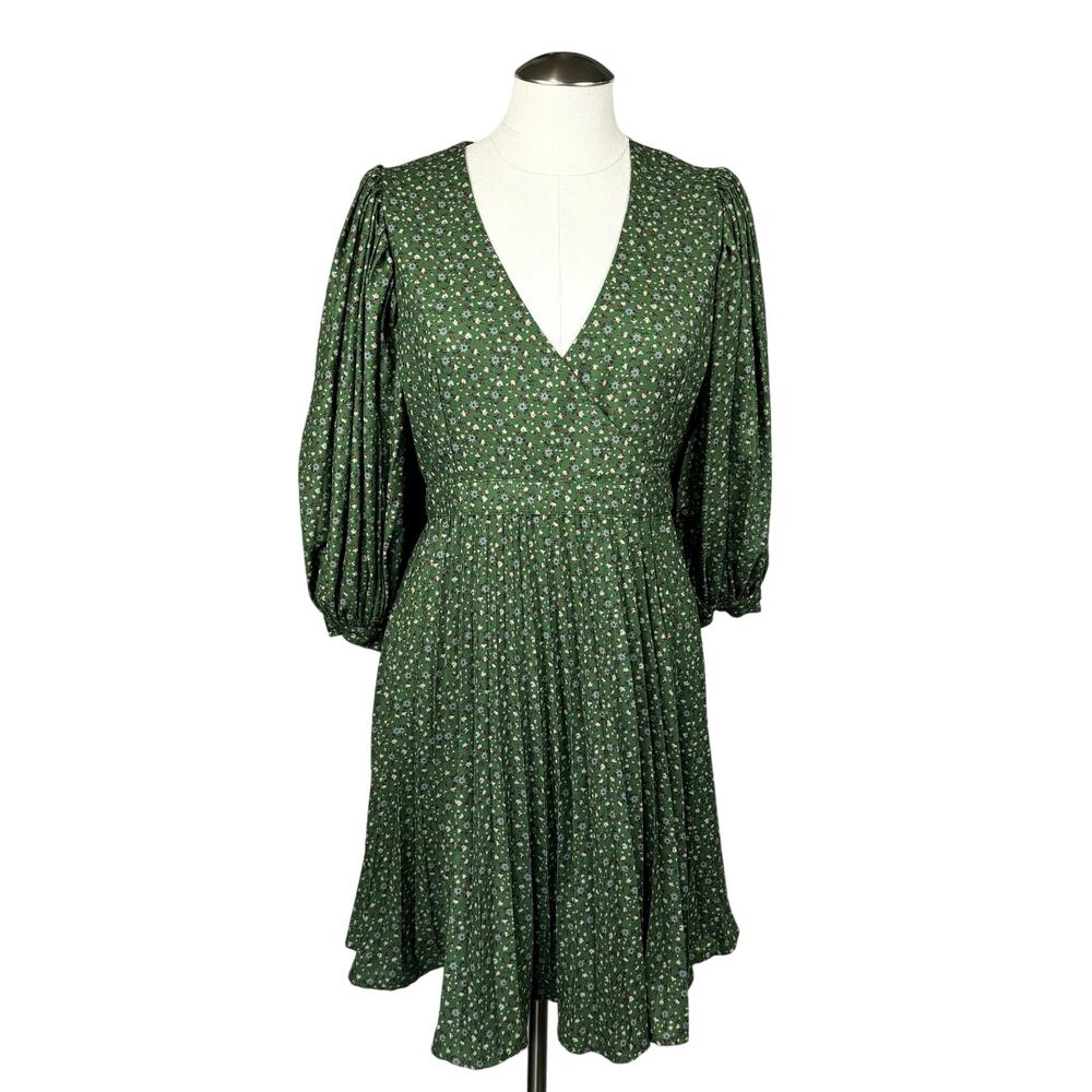 by TiMo Women's‎ Dress Small Green Wrap Plisse Floral Ditsy Pleated Knee Length